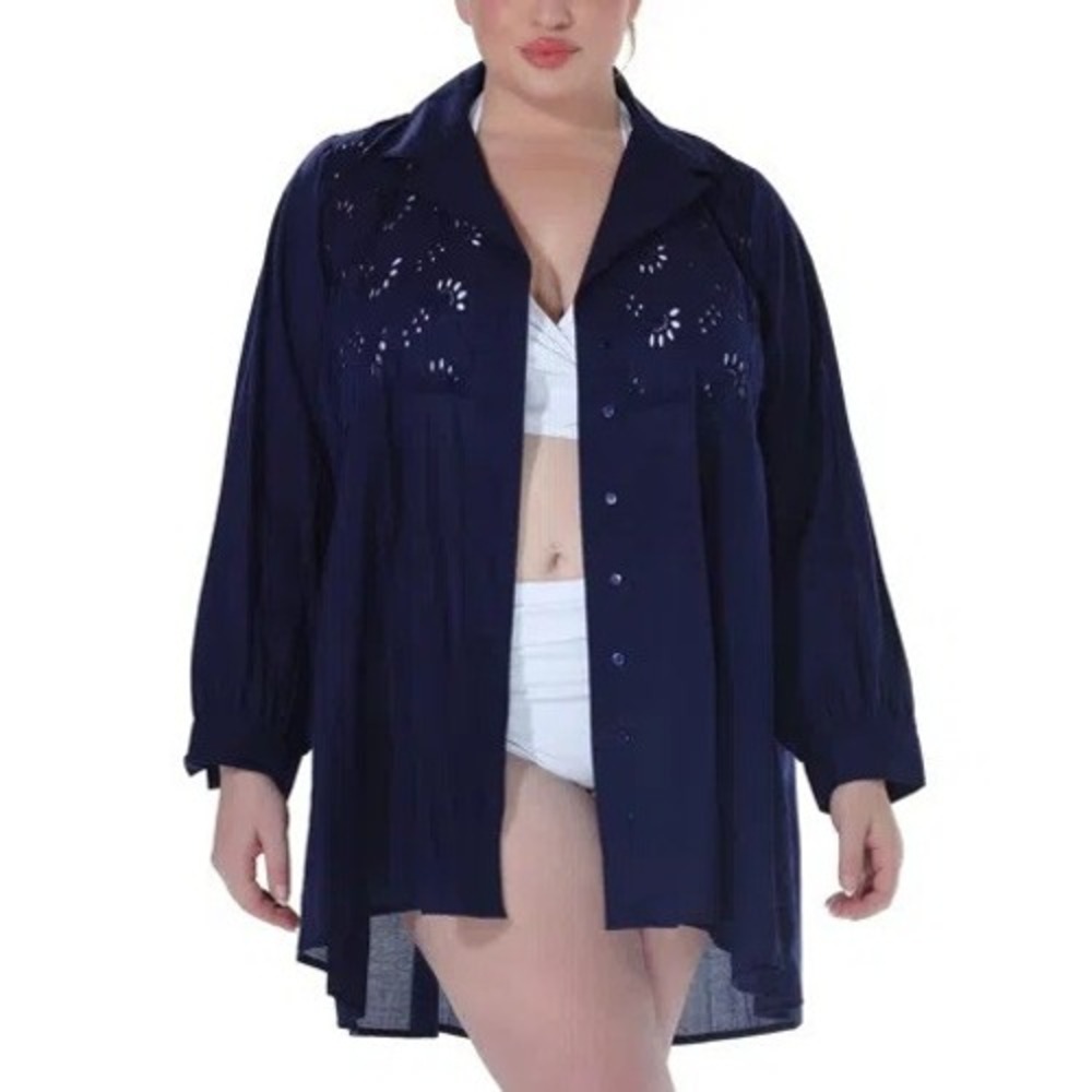 NEW Raviya Eyelet Button Down Shirt Womens Navy Blue Embroidered Top Medium $54
